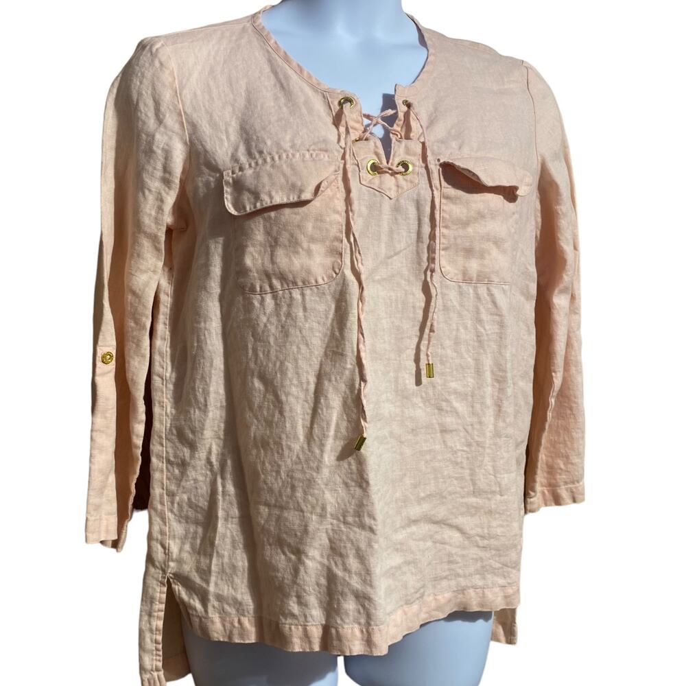 Company Ellen Tracy Champagne Pink‎ Linen blouse with lace up collar Size Medium